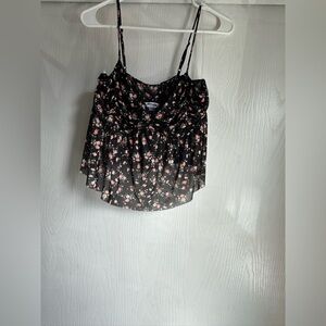 RSQ Floral Ruffle Cami Top - Black with Pink Blossoms